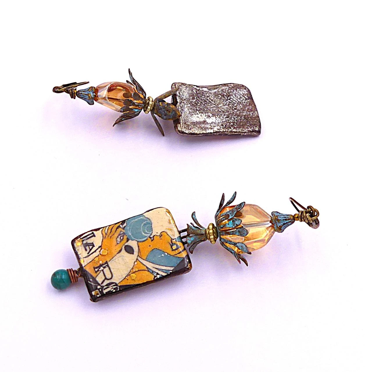 Pendientes de cerámica artesanal, latón patinado, vidrio facetado – photo 5